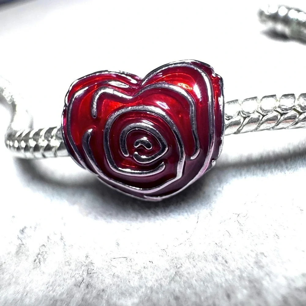 Heart Rose Charm Bead Red Enamel Silver Tone fits Pandora - Picture 11 of 11